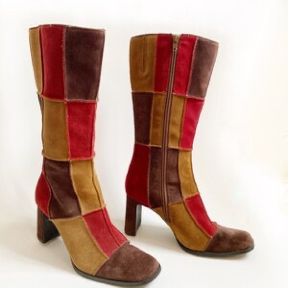 prima Shoes - Prima Vintage 1990s 90s Patchwork Suede Boots Espresso/Garnet Red